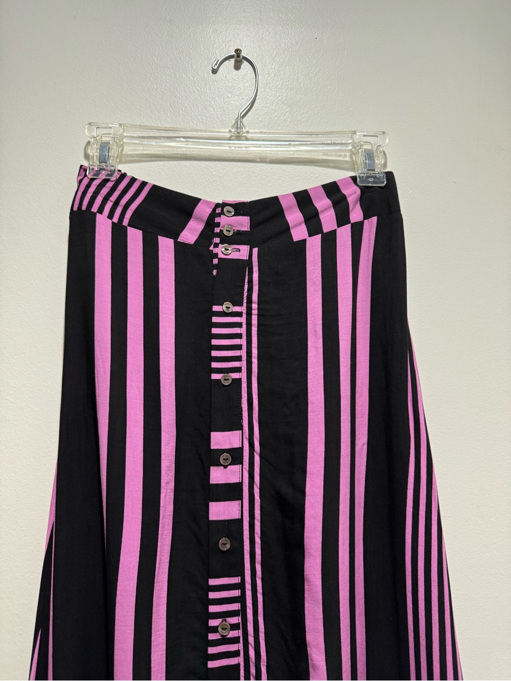 Maaji Pink Black Striped Button Front Maxi Skirt Size Medium - Picture 4 of 11